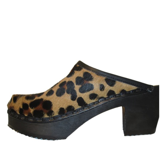 Tessa Clogs of Vail Pony Hair High Heel Leopard Print Clogs - Picture 1 of 12